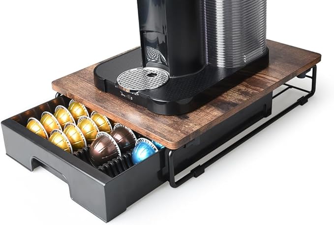 EVERIE Wooden Coffee Pod Storage Drawer for Nespresso VertuoLine Capsules, Large Capacity Countertop Coffee Station Organizer, Rustic Brown