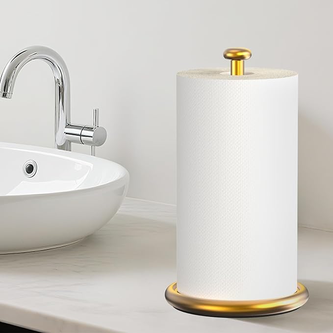 VEHHE Gold Paper Towel Holder Countertop with Weighted Base, One-Handed Tear Kitchen Towel Holder with Damping Function and EVA Non-Slip Pad for Bathroom