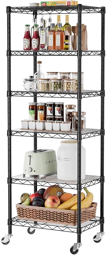 SINGAYE 6 Shelf Storage Wire Shelves Closet Bathroom Organizers Metal Pantry Kitchen Small Garage Shelving Unit Laundry Room Organization Home Narrow Rack Net Basket with Wheels Black