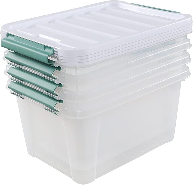 4-Pack Latching Box, Storage Bins with Lids, Clear Plastic, 20 Quart, Heavy-Duty Organizing Containers for Closet, Bathroom, and Office