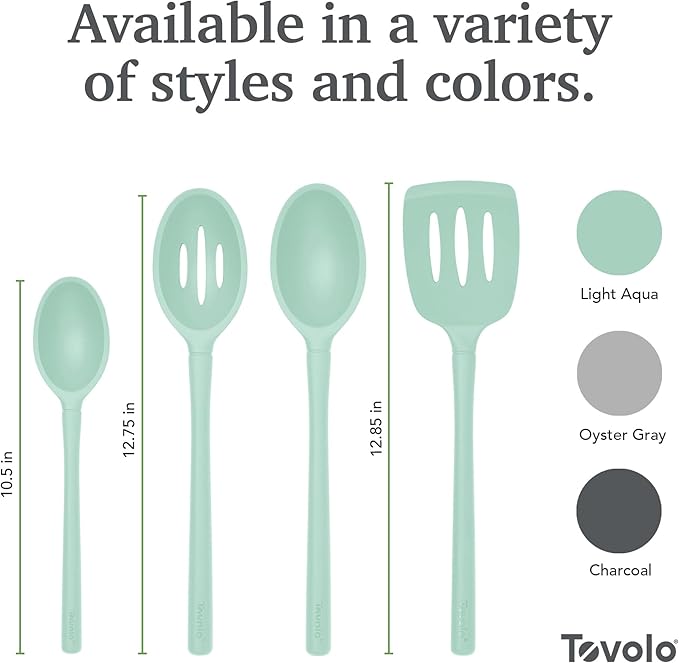 Tovolo Full Silicone Cooking Utensils Set BPA Free Aqua Seafoam Green Flex Core Set of 4 Bundle with Spoons Spatula Turner Heat Resistant 600 Degree, Dishwasher Safe Kitchen Utensils Set Silicone