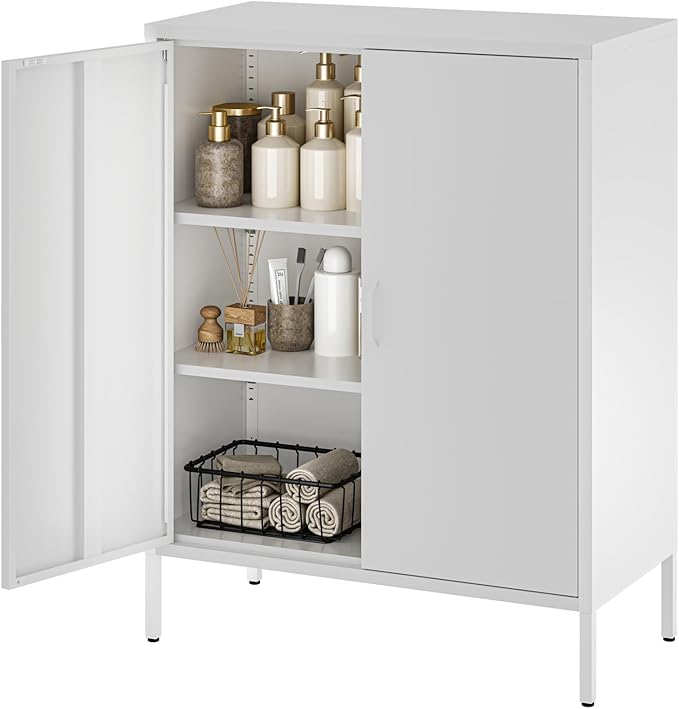 YAUWOH Metal Cabinet with 2 Doors and 4 Shelves,39.96" Tall Steel Office Cabinet,Bathroom Floor Locker,for Office,Home,Garage,Gym,School (White)