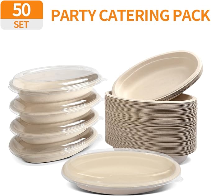 Celel 50 Pack 28 Oval Paper Bowls with Lids, Microwavable Oval Disposable Containers for Burrito, Salads, Pasta, Com-postable Meal Prep Food Containers - 50 Bowls 50 Lids