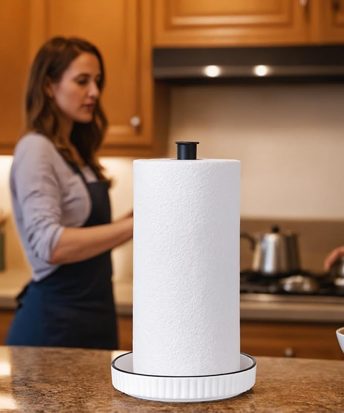 VROOMIUM Black Paper Towel Holder Countertop, Ceramic Base Easy-to-Clean, 1.5 lbs, 7" B x 12.5" H, Stable Elegant and Durable Kitchen Roll Stand