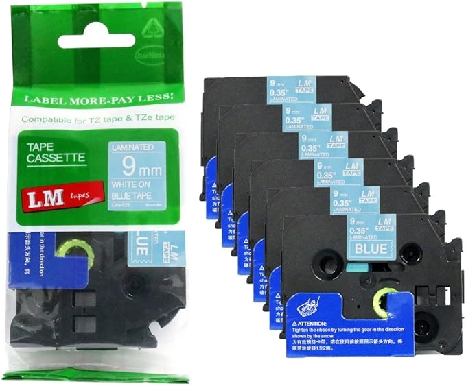 6/Pack LM Tapes - LMe-525 Premium 3/8" White Print on Blue Label Compatible with Brother TZe525 Tape and Includes Tape Color/Size Guide. Replaces TZ-525 9mm 0.35 Laminated.