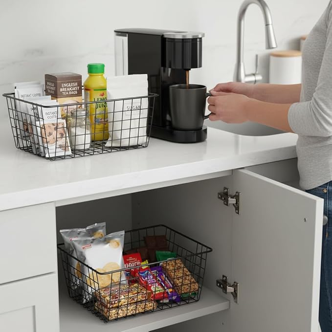 Aeggplant Kitchen Wire Baskets Farmhouse Decor Metal Food Storage Organizer,Household Refrigerator Bin with Built-in Handles for Cabinets,Pantry,Bathroom,Black