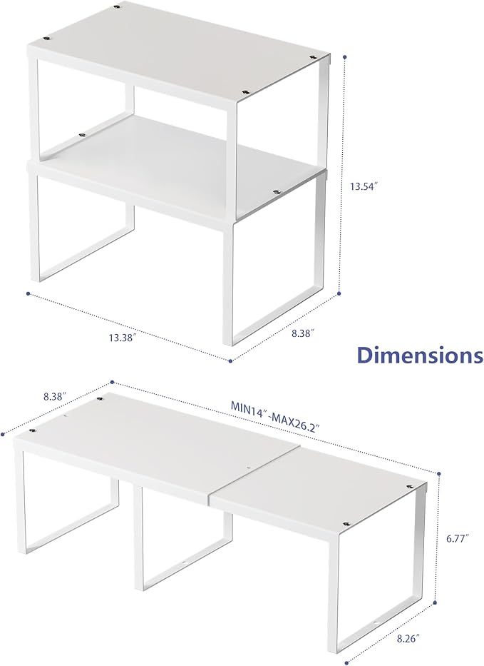 Cabinet Organizer Shelf, Set of 2 Cabinet Shelves, Stackable Metal Kitchen Counter Organizer, Adjustable Countertop Cupboard Pantry Shelf Riser Storage Rack, WHite