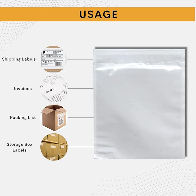 300 Pack 7"x10" Shipping Label Sleeves – Clear Self-Adhesive Packing Slip Pouches, Waterproof Packing List Envelopes – Ideal for Shipping Documents, Mailing Labels, Invoices & Packing Slips