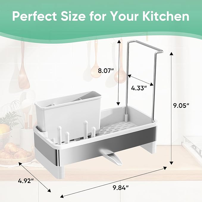 VUSIGN Sponge Holder for Kitchen Sink, Sink Caddy Organizer with Brush Holder, Rustproof Stainless, Self-Draining Sink Organizer for Countertop, Sponges, Brushes, Kitchen Decor and Accessories, White