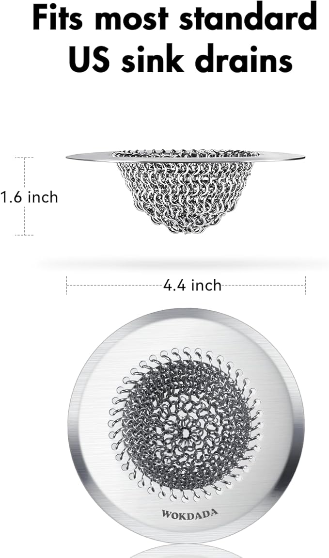 Revolutionary Kitchen Sink Drain Strainer/Patented Reversible Chain Mesh, Effortless Cleaning & Debris Catcher, Large Capacity, No Clog, 304 Stainless Steel & Rust-Proof/Handmade