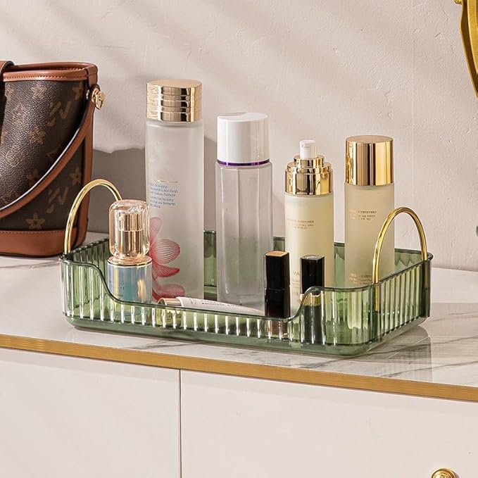 CESTATIVO Bathroom Counter Organizer, Green, 11.8" L X 6.7" W X 4.5" H, Stainless Steel, PET, Modern Metal Handles, Smooth Edges, Large Capacity, Minimalist Design, Ideal Gift