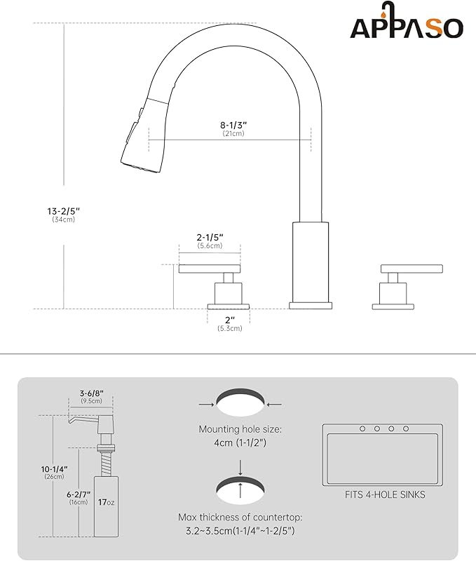 APPASO 4 Hole Kitchen Faucet, Gold Two Handle Kitchen Faucets with Sprayer, Modern High Arc 3 Hole Kitchen Faucet with Pull Down Sprayer,3 Modes Stainless Steel Kitchen Sink Faucet