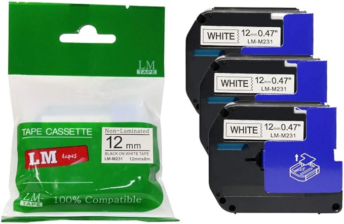 3/Pack LM Tapes - Premium Compatible 1/2" (12mm) Black on White M Series P-Touch Tape, Replaces M231