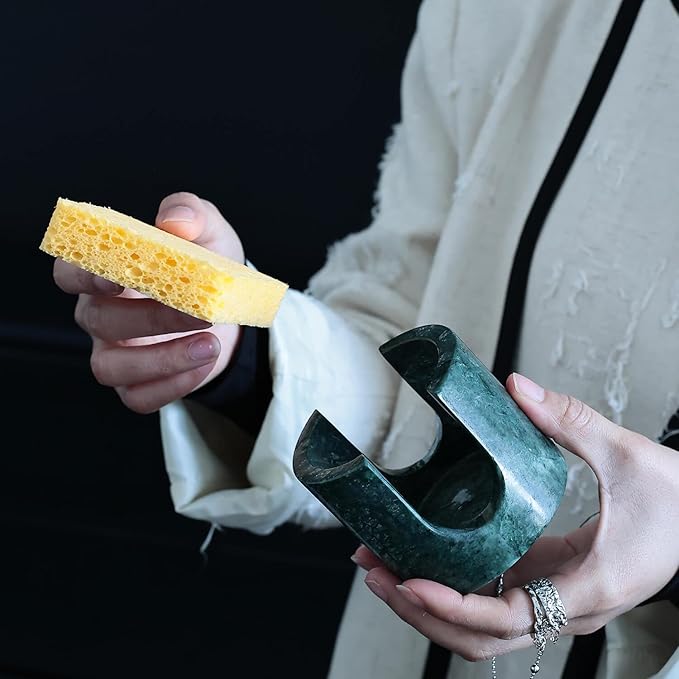 Travertine Marble Sponge Holder for Kitchen Counter - Natural Stone Dish Drying Rack, Sponge Caddy for Sink Organizer - Durable & Stylish Kitchen Decor (India Green Marble)