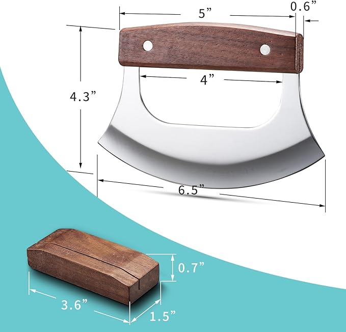 Coowolf Ulu Knife - Sharp Rocker Mezzaluna Knife with Stand for Cutter Pizza, Meat, Vegetables, Herb, Salad, Stainless Steel Blade, Walnut Wood Handle, Kitchen Essentials Accessories and Gadgets Tools