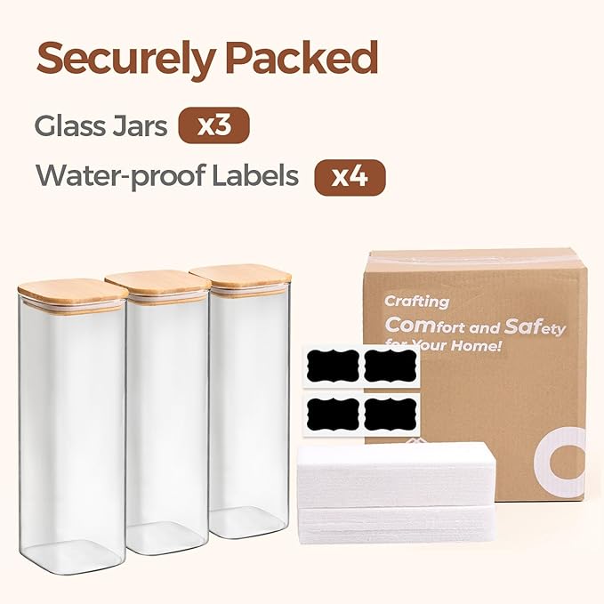 ComSaf Glass Spaghetti Pasta Storage Containers with Lids 2.2 Qt Set of 3, Tall Clear Airtight Food Storage Jar with Lid for Noodles Flour Oat Cereal Sugar Beans, Sqaure Spaghetti Pantry Containers