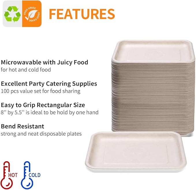 Celel 100 Pack 8 Inch Rectangle Paper Plates, 8 x 6 inch Food Trays Disposable Rectangle Plates for Tacos, Meat, Dessert, Snack