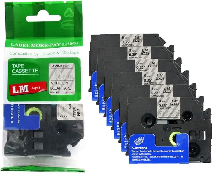 6/Pack LM Tapes - LMe-125 Premium 3/8" White Print on Clear Label Compatible with Brother TZe125 Tape and Includes Tape Color/Size Guide. Replaces TZ-125 9mm 0.35 Laminated.