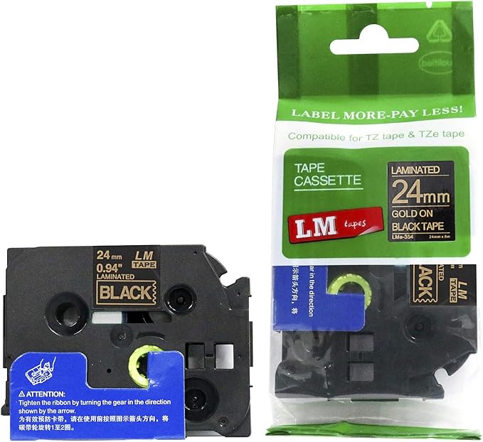 1/Pack LM Tapes - LMe354 Premium 1" Gold Print on Black Label Compatible with Brother TZe-354 P-Touch and Includes Tape Color/Size Guide. Replaces TZ-354 24mm 0.94 Laminated Ptouch.