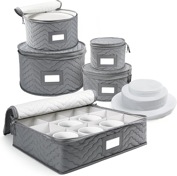 LotFancy China Storage Containers, Quilted 5-Piece Set Storage Box, Chinaware Dinnerware Dish Plate Mug Cup Storage Case, 48 Felt Protectors, Cardboard Dividers Included