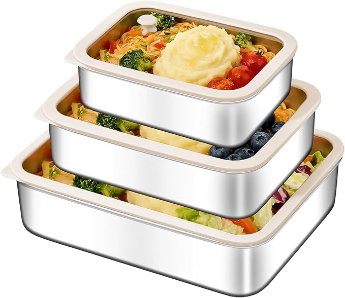 3-Piece Extra Thick 304 Stainless Steel Food Storage Containers with Non-Stick Bottom, Airtight Glass Lids & Silicone Seal, Stackable Kitchen Organization Boxes for Food Preservation