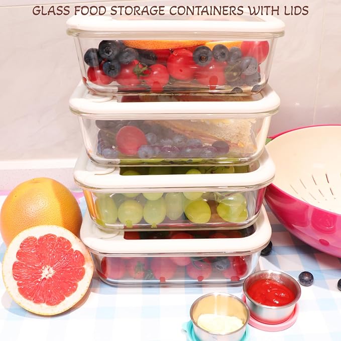 Glass Food Storage Containers with Silicone Glass Lids, Stainless Steel Salad Dressing Containers, Microwave-safe LeakProof Food Containers Set, 4-pack 35 oz(White)