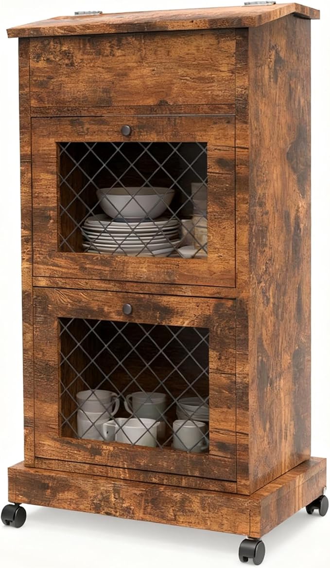 Potato and Onion Storage Bin Wooden Potato Storage Cabinets with Mesh Doors Vegetable Storage Bread Box with Lid Movable Fruit Basket with Wheels Decorative Vegetable Organization Cabinet for Kitchen