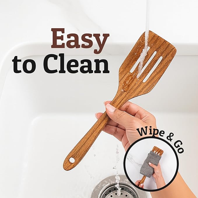 PriorityChef Teak Wooden Slotted Turner - Nonstick-Safe Cooking Spatula for Flipping, Stirring & Serving, Handcrafted from Single Block of Wood, Durable & Easy to Clean