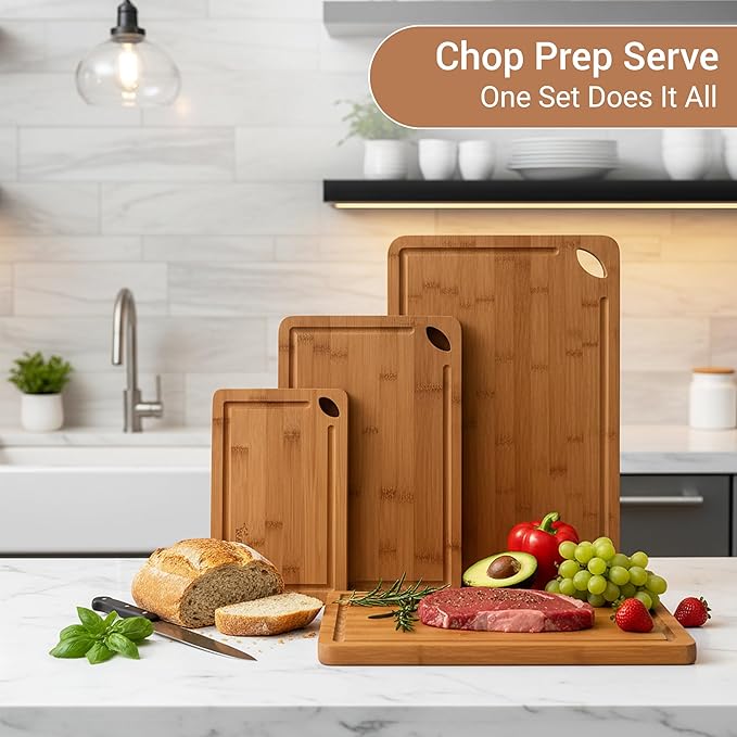 Carbonized Bamboo Cutting Board Gift Set for Kitchen – Set of 3 Wooden Cutting Boards with Deep Juice Grooves, Durable Knife-Safe Chopping Boards for Meat, Vegetables & Bread, Eco-Friendly Board Set