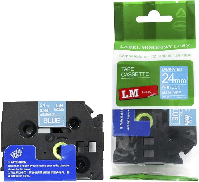 1/Pack LM Tapes - LMe555 Premium 1" White Print on Blue Label Compatible with Brother TZe-555 P-Touch and Includes Tape Color/Size Guide. Replaces TZ-555 24mm 0.94 Laminated Ptouch.