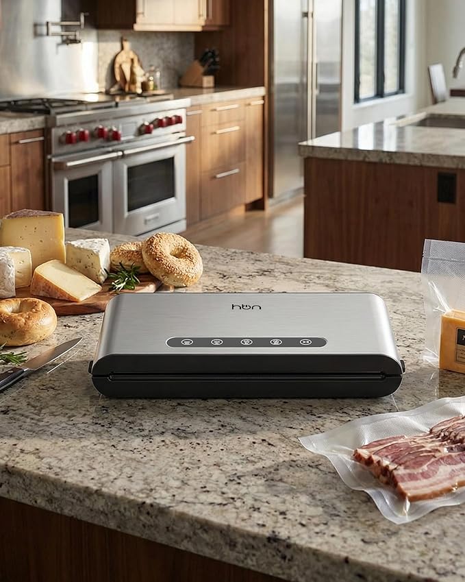HBN Vacuum Sealer Machine Commercial Automatic Food Vacuum Sealer Built-in Cutter & Bag Storage Countertop Vacuum Sealer with Automatic Hands-Free Lid SUS Stainless Steel 1 Bag Roll & 20 Bags