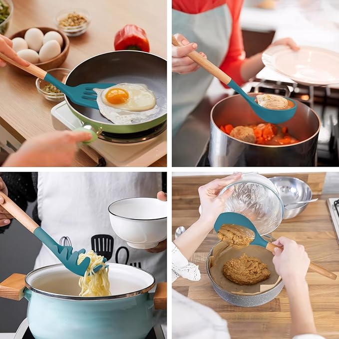 IOCBYHZ Silicone Cooking Utensils Set 6Pcs Heat Resistant Silicone Kitchen Utensils Set for Cooking Spatula Spoon Turner Ladle w Wooden Handle, BPA FREE Kitchen Gadgets for Nonstick Cookware & Baking