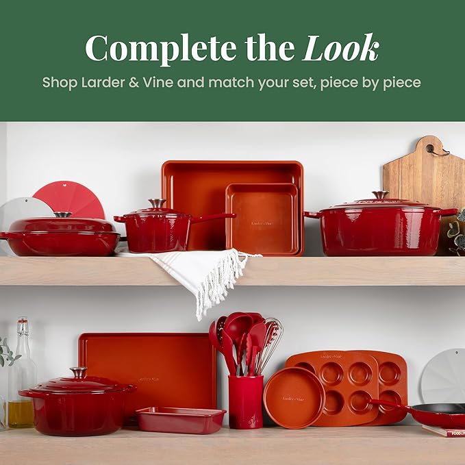 Larder & Vine 12-Piece Silicone Kitchen Cooking Utensils Set with Stainless Steel Handle and Ceramic Holder, Dishwasher Safe Set of Kitchen Essentials (Cabernet)