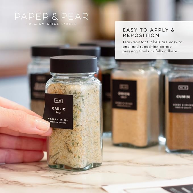 Modern Block-Black Spice Labels (no Jars) by Paper & Pear - Oil Resistant Kitchen Pantry Labels - 1.25” Square Spice Labels Stickers - Durable Spice Jar Labels Preprinted Waterproof - Set of 80