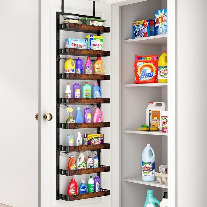 bukfen Over the Door Pantry Organizer, 8-Tier Adjustable Wooden Basket Kitchen Pantry Door Organization and Storage,2 in 1 Wall Mount or Hanging Heavy-Duty Metal Hanging Kitchen Spice Rack,1 Pack