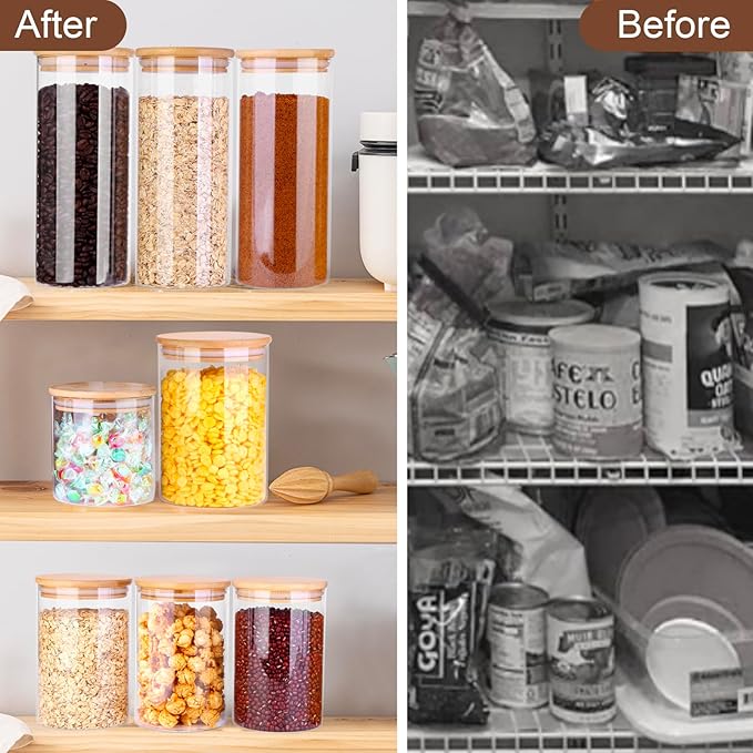Glass Food Storage Jars, Food Containers with Airtight Bamboo Lids for Pasta, Cookies, Nuts, Coffee Beans, Cereal, Glass Canisters for Kitchen, Pantry Organization,Set of 5