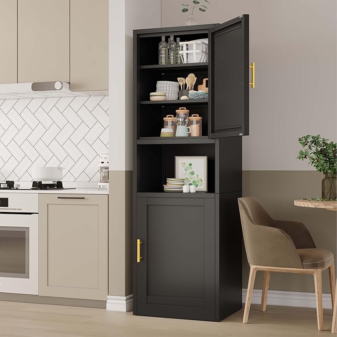 pozdeg 67" Tall Narrow Storage Cabinet Metal Bathroom Cabinet with 2 Doors & 4 Adjustable Shelves, Standing Pantry Cabinets Cupboard for Kitchen, Dining Room, Living Room and Bathroom (Black)