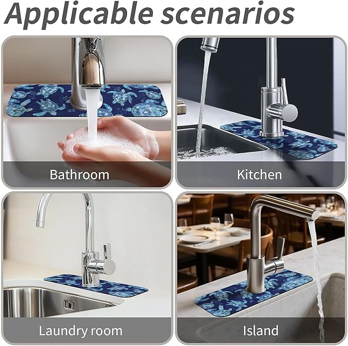 Kitchen Sink Splash Guard,Graceful sea turtle Faucet Mat Sink Gadgets-Super Absorbent Fast Drying Mat Drip Catcher for Kitchen, Bathroom,Sink Mat, Dish Drying Mat, Bathroom(15" X 5.5" )