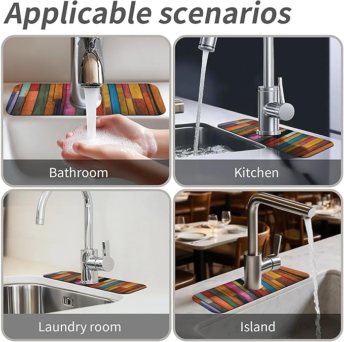 Kitchen Sink Splash Guard,Colorful wood grain Faucet Mat Sink Gadgets-Super Absorbent Fast Drying Mat Drip Catcher for Kitchen, Bathroom,Sink Mat, Dish Drying Mat, Bathroom(15" X 5.5" )