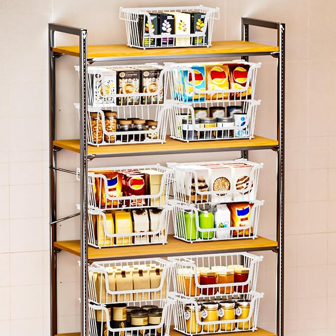5 Pack Enhanced Leak-Proof Bottom Stackable Wire Baskets, Pantry Organizers and Storage, pantry storage,Shelf Baskets, Fruit Basket, Potato and Onion Storage Bins,(White)