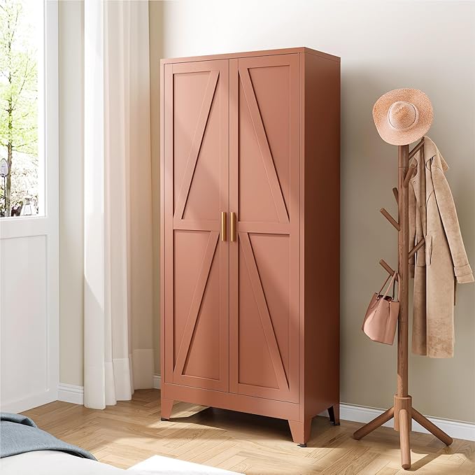 YAUWOH 71''Metal Cabinet with 4 Adjustable Shelves,5-Tier Pantry Storage Cabinet,Kitchen Pantry Cabinet for Living Room,Dining Room, Antique Copper