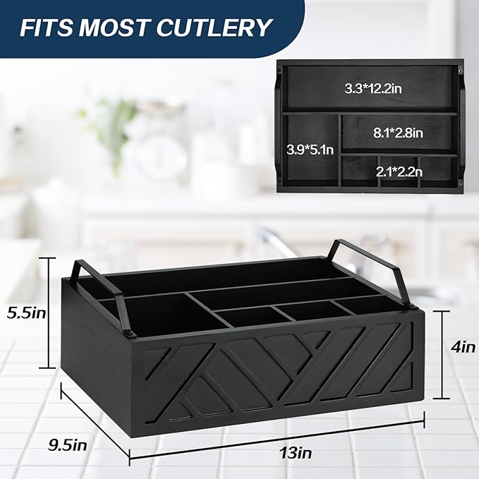 Ukonvi Paper Plate Dispenser and Holder for Kitchen Counter, Wood Rustic Silverware Utensil Caddy, Cutlery Flatware Organizer Box for Cups Spoons Forks Napkins, Kitchen Accessories (Black)