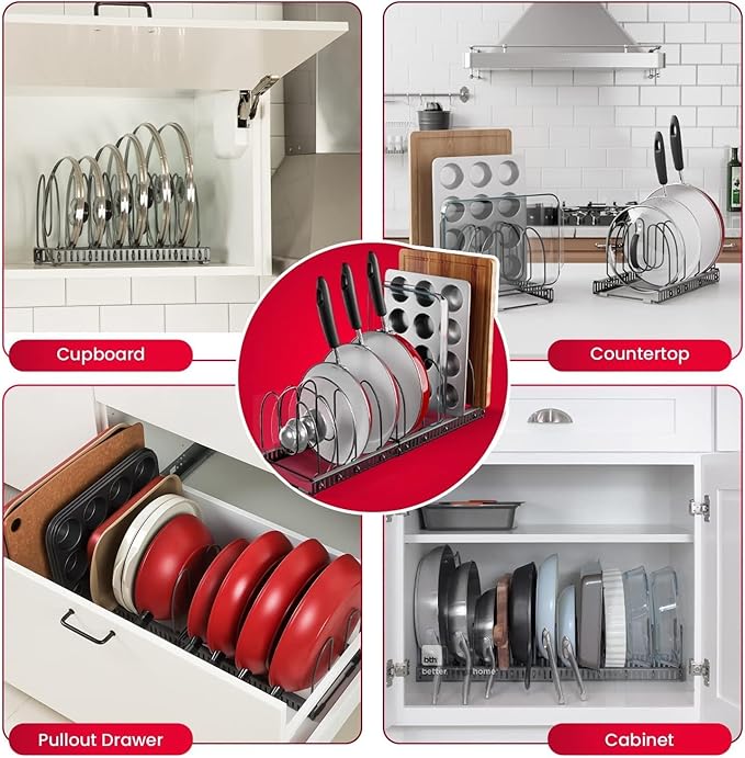Better Things Home 12-Slot Adjustable Pan and Pot Lid Organizer with Scratch-Free Pads, Expandable Pot Lid Holder Rack for Cabinet, Pots and Pans Organizer Inside Cabinet