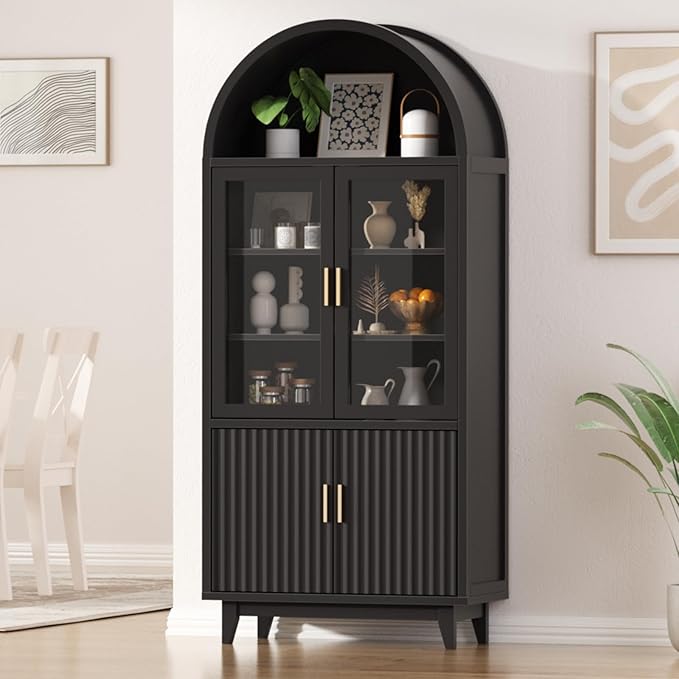 FiveWillowise Kitchen Pantry Cabinet with Glass Doors - Arched Design, Solid Wood Legs, Artistic Fluted Door, Adjustable Shelves, 70.8" Curved Storage Cabinet for Kitchen, Dining Room