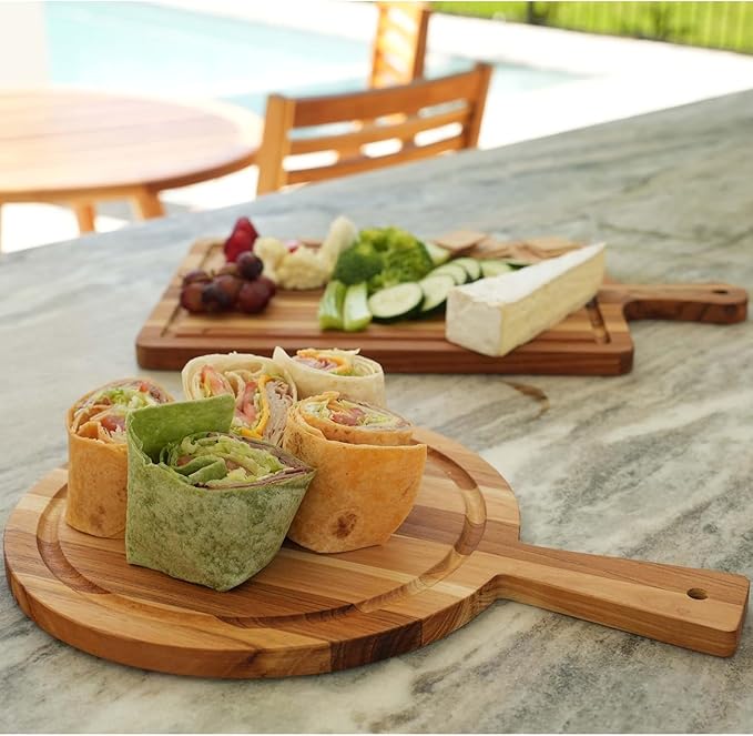 EcoDecors 14" Round Teak Cutting Board with Handle, FSC Certified Solid Wood, Edge Grain with Juice Groove, Carving Board for Kitchen & Prep