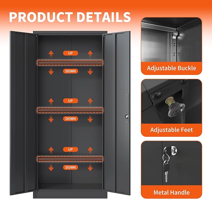 BIZOEIRON Metal Storage Cabinet with Adjustable Shelves, Garage Tool Cabinet with 2 Lockable Doors for Office, Home, Garage, Require Assembly, Black
