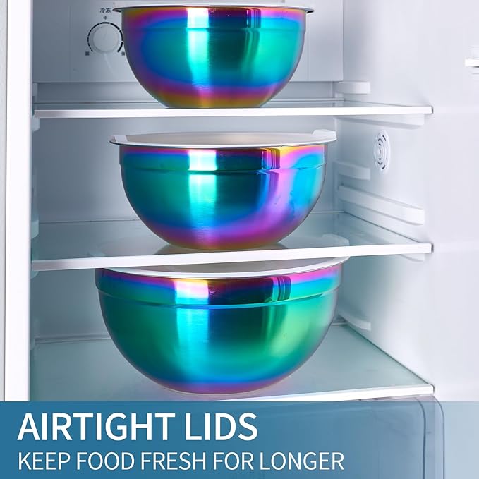 Onlycooker Rainbow Mixing Bowls With Airtight Lids,Stainless Steel Bowl,Salad Bowls 5 Piece Colorful Nesting Bowl Rainbow Kitchen Accessories,Size 5.5,3.6,2.7,2.1,1.5,QT Stackable Design