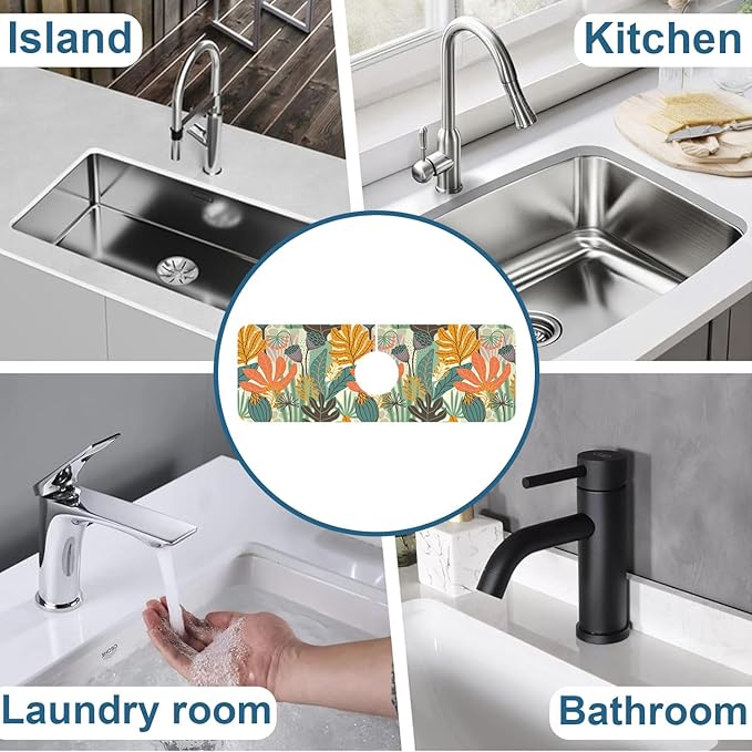 Abstract Leaves Sink Faucet Absorbing Mat Boho Leaves Super Absorbent Fast Drying Mat Sink Gadgets Behind Faucet Sinkmat for Kitchen Bathroom, 15.5"x5.5"