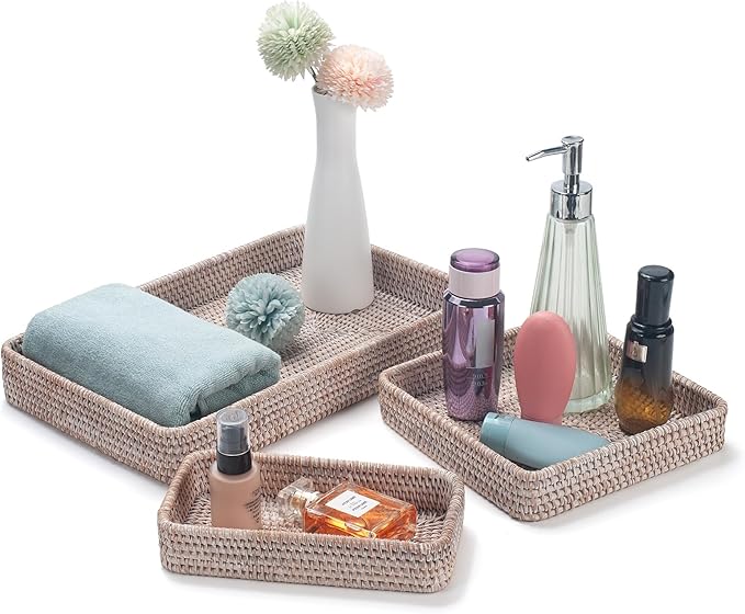 Rattan Serving Tray, Rectangular Woven Tray, Natural Wicker Decorative Serving Baskets for Organizing Tabletop Bathroom Kitchen Counter (White)