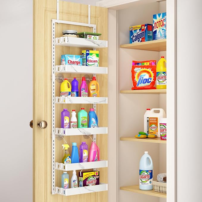 bukfen Over the Door Pantry Organizer, 6-Tier Adjustable Basket Kitchen Pantry Door Organization and Storage, Heavy-Duty Metal Hanging Kitchen Spice Rack,D6.3 x W17.32 x H50.60 inch,White Marble Color